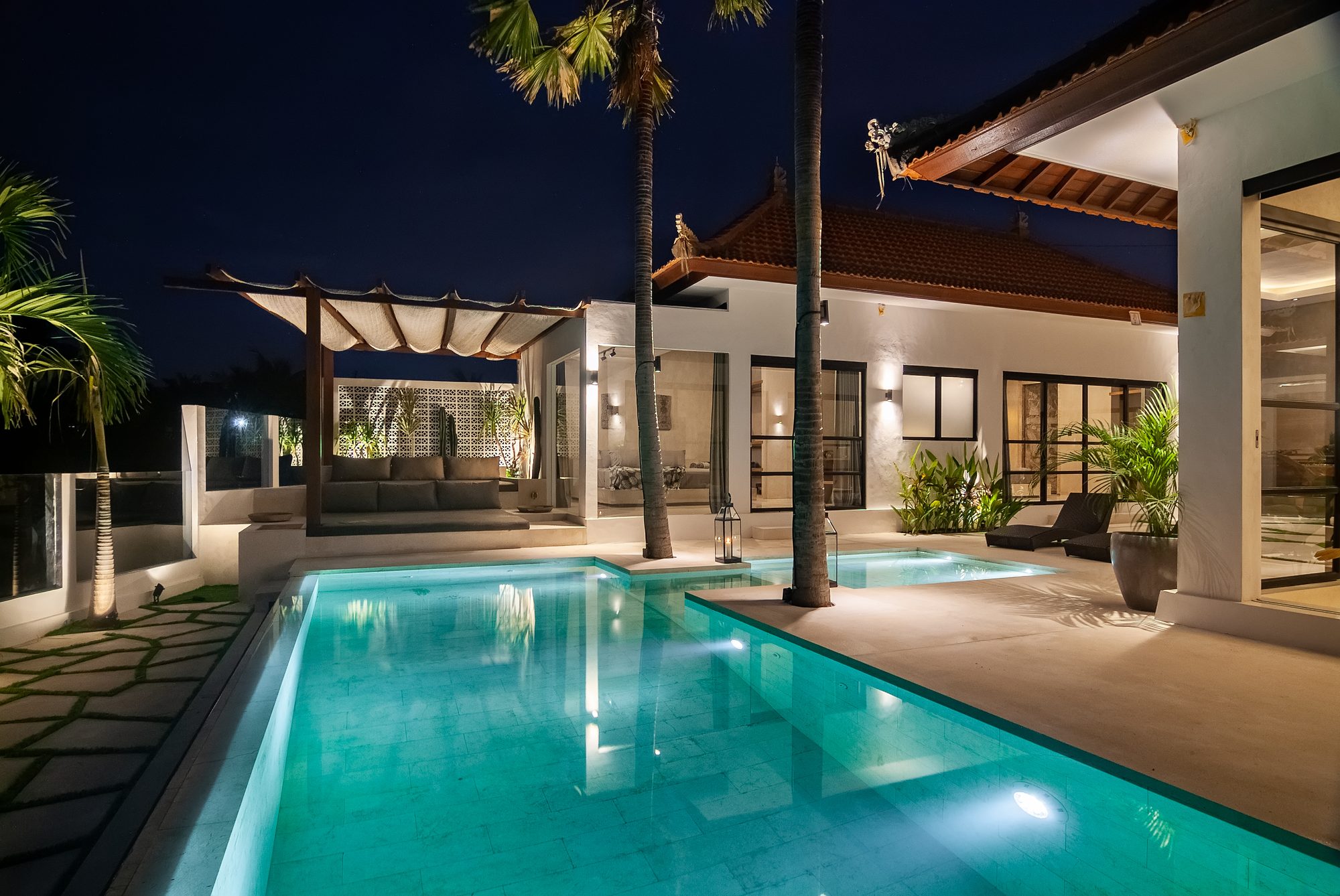Villa Baloo private pool at night luxury villa Pererenan Bali