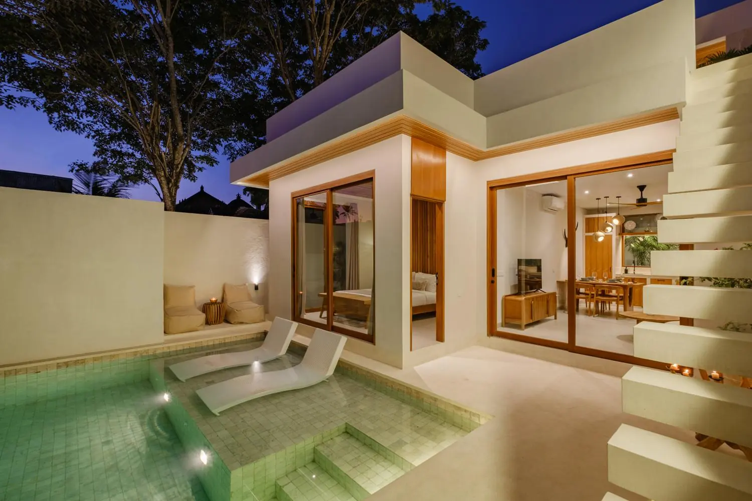 Villa, pool and floating staircase at night Villa Las Hermanas Tumbak Bayu Pererenan Bali