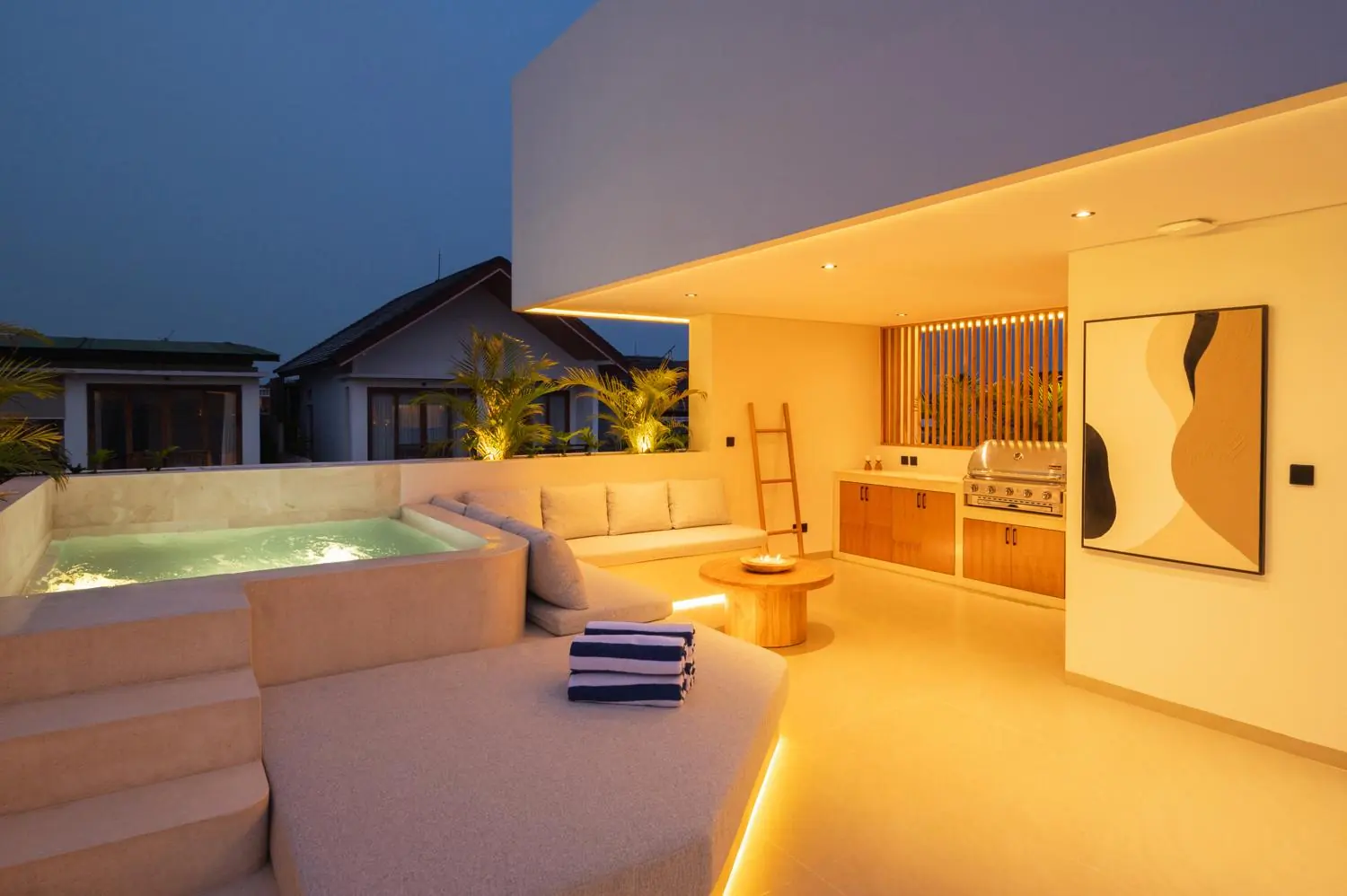 Villa Julito rooftop jacuzzi and lounge at night Tumbak Bayu Pererenan Bali