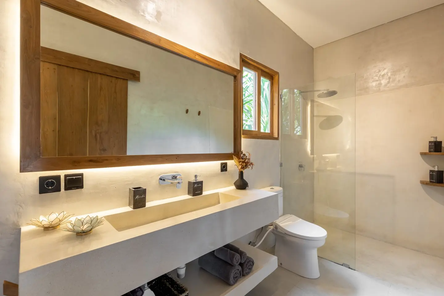 Villa Menaka bathroom with walk-in rain shower Tumbak Bayu Pererenan Bali