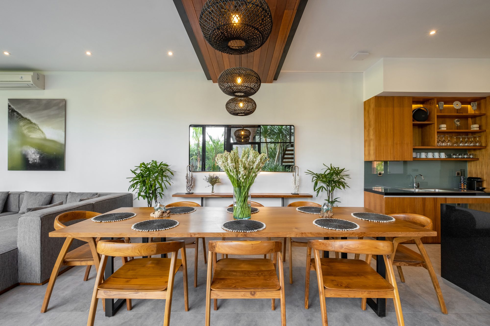 River Paradise 5BR dining room with rattan pendants riverside villa Bali