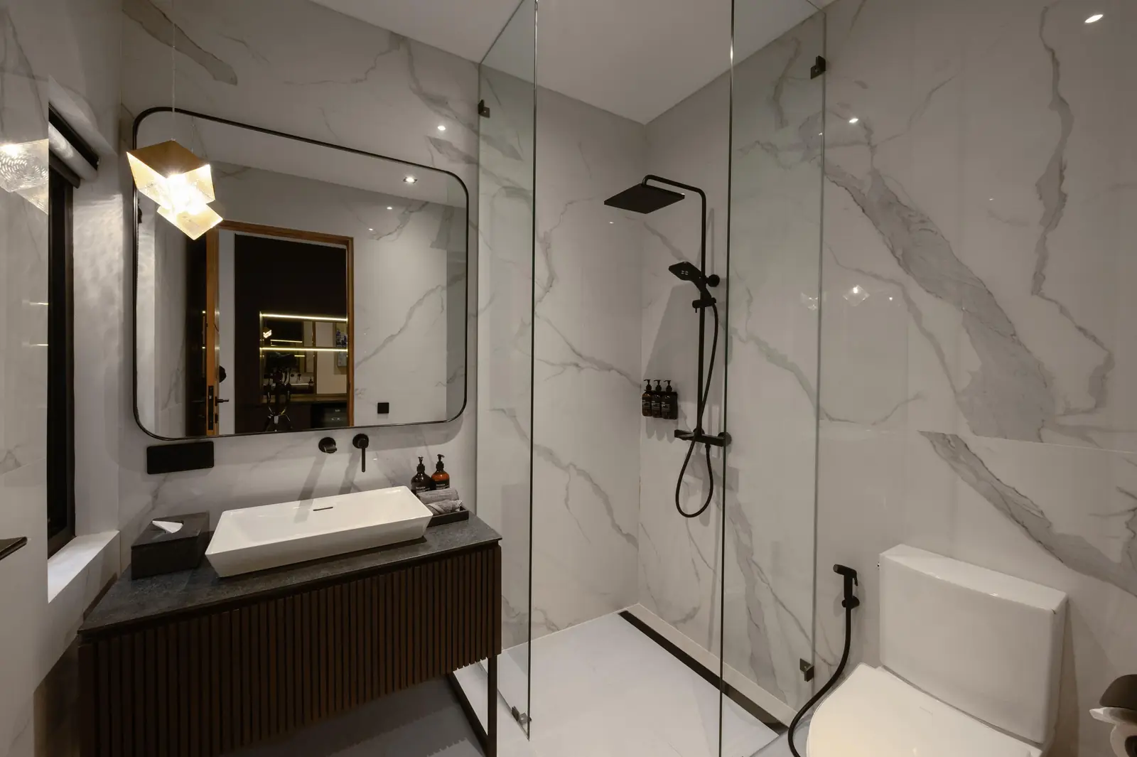 The Bunk Room bathroom with glass walk-in rain shower MAR Bali 1 luxury villa Pererenan Bali