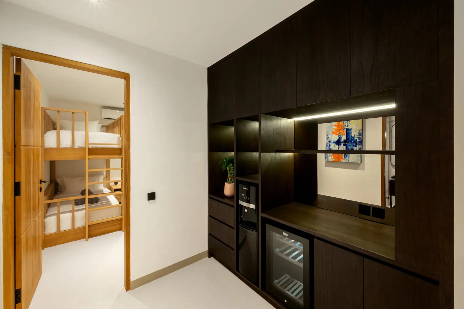 Entrance to the Bunk Room with built-in cabinet, water dispenser and wine fridge MAR Bali 1 Pererenan Bali