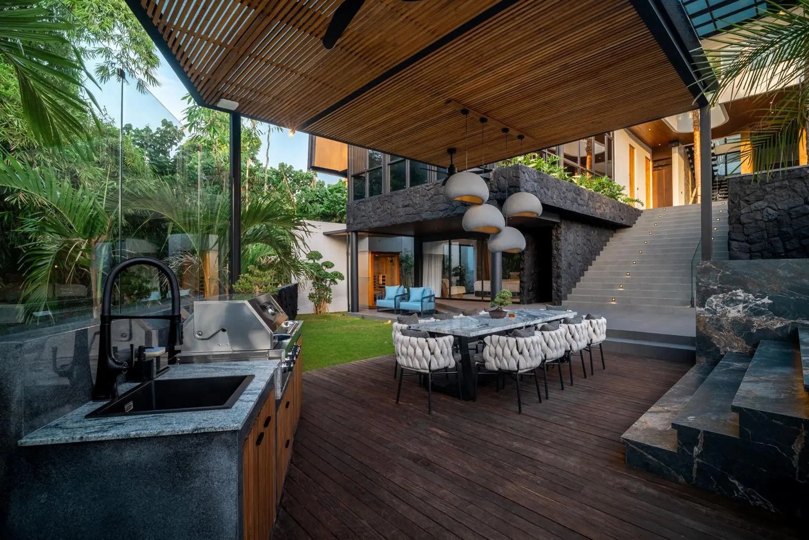 Marble outdoor dining table for twelve and BBQ kitchen MAR Bali 2 Pererenan Bali