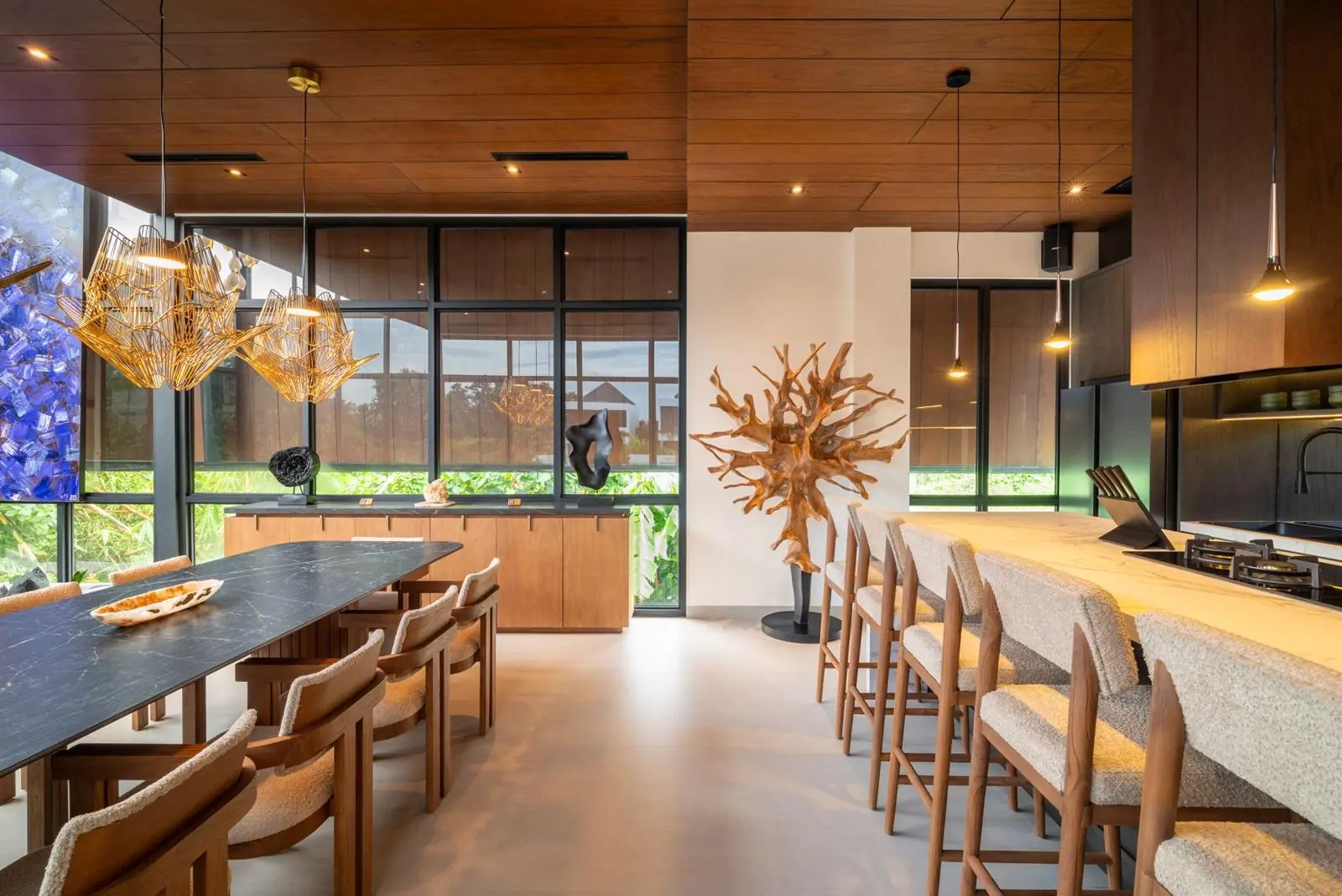 Indoor dining room with golden pendants MAR Bali 2 luxury villa Pererenan Bali