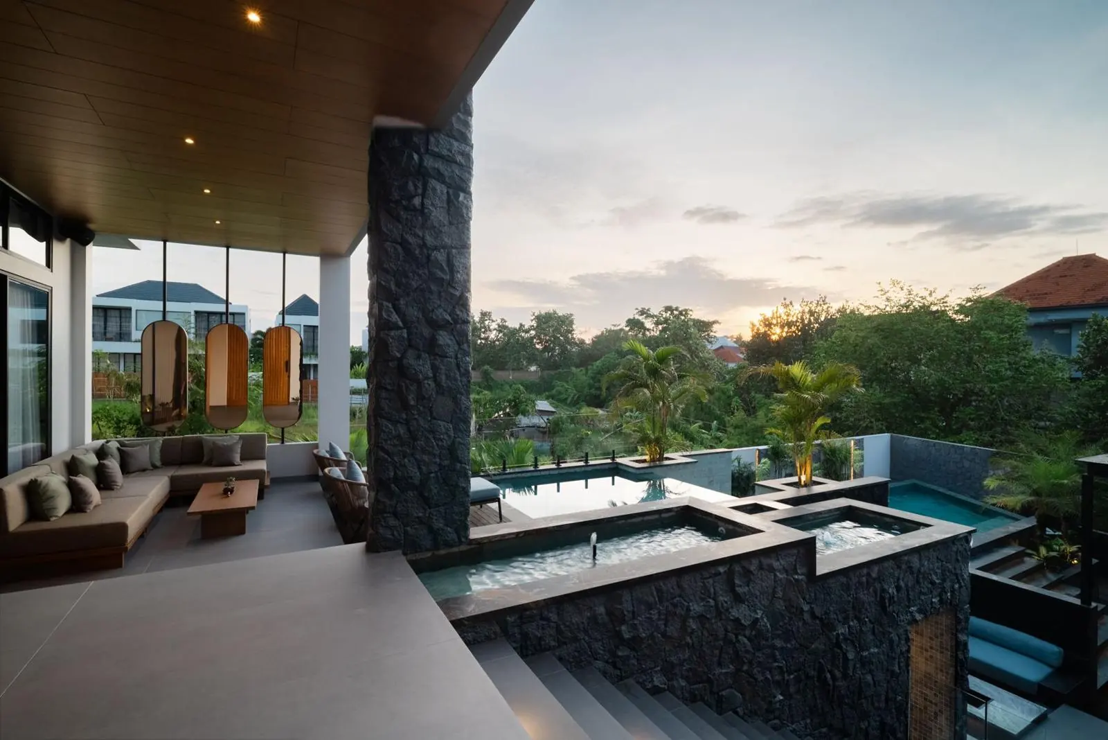 MAR Bali 2 private pool, cold plunge and terrace at dusk luxury villa Pererenan Bali